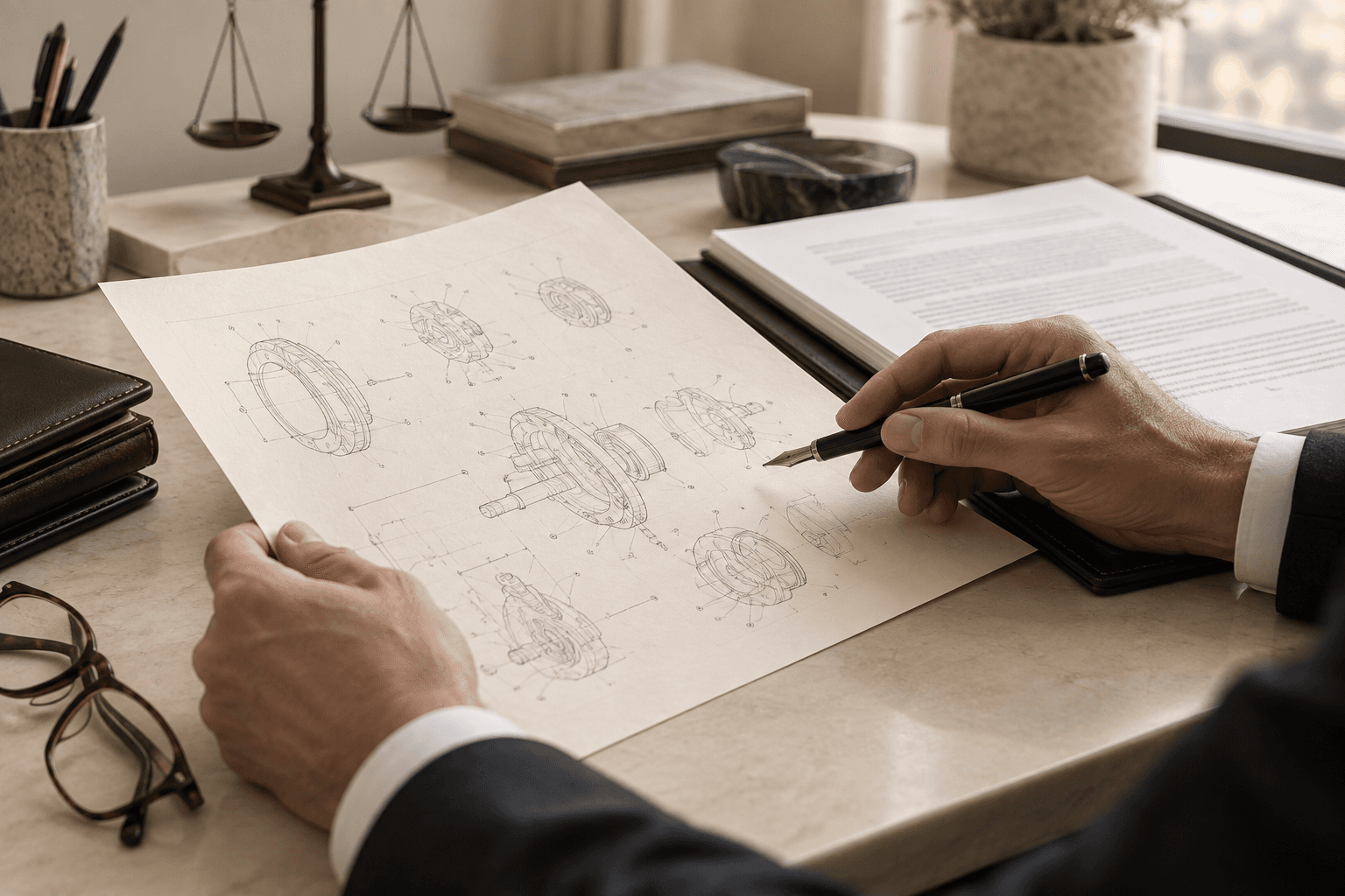 Attorney reviewing a patent drawing and legal documents