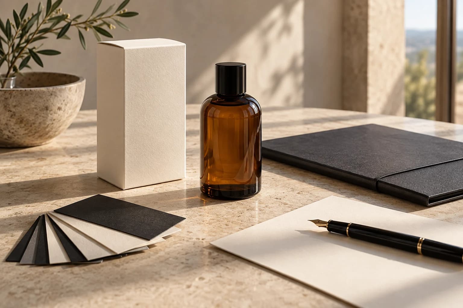 Unbranded packaging, an amber bottle, and paper samples on a sunlit stone table