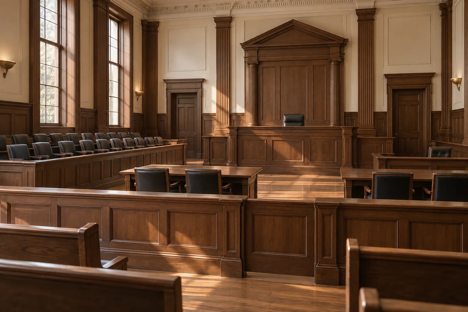 Illustrative image of an empty courtroom with a judge's bench and counsel tables