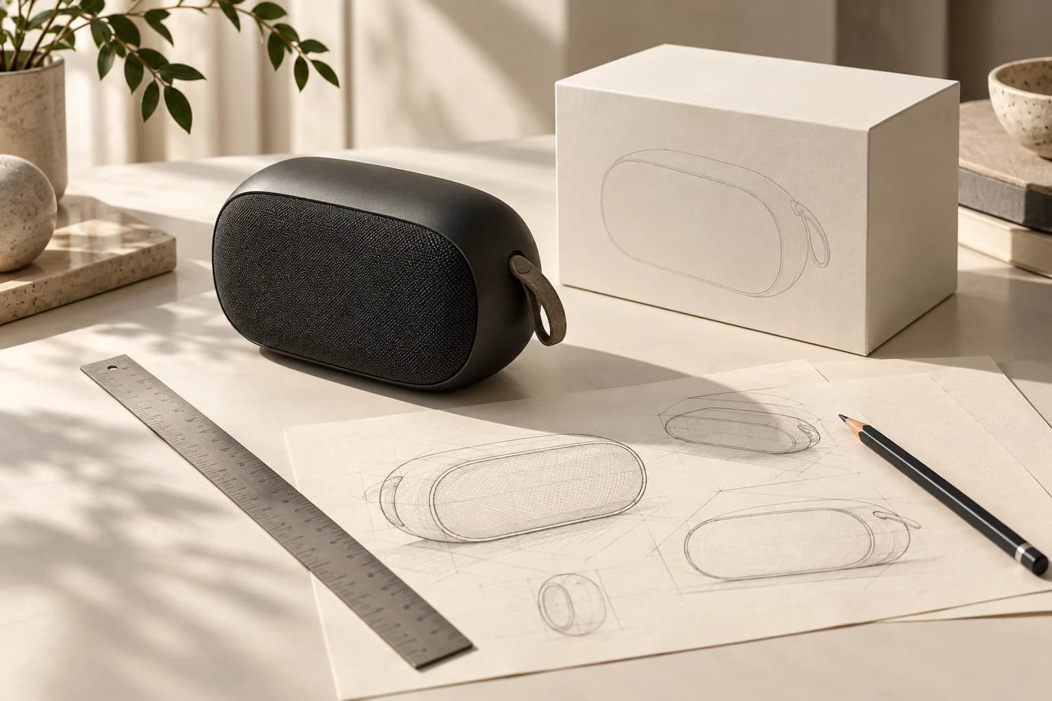 A product prototype with pencil sketches and packaging in a creative studio