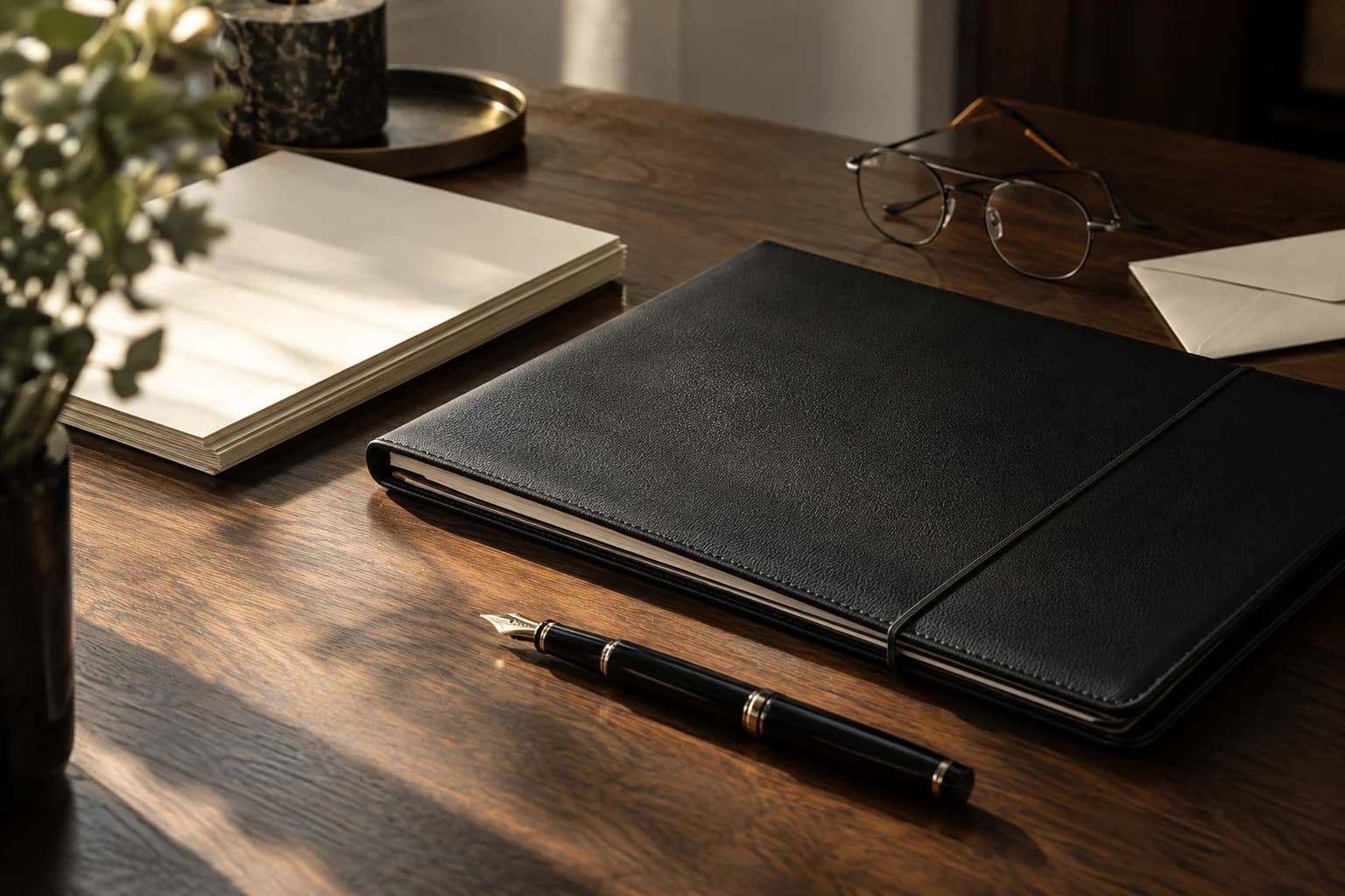 A black document folio, ivory papers, and a fountain pen on a wooden desk