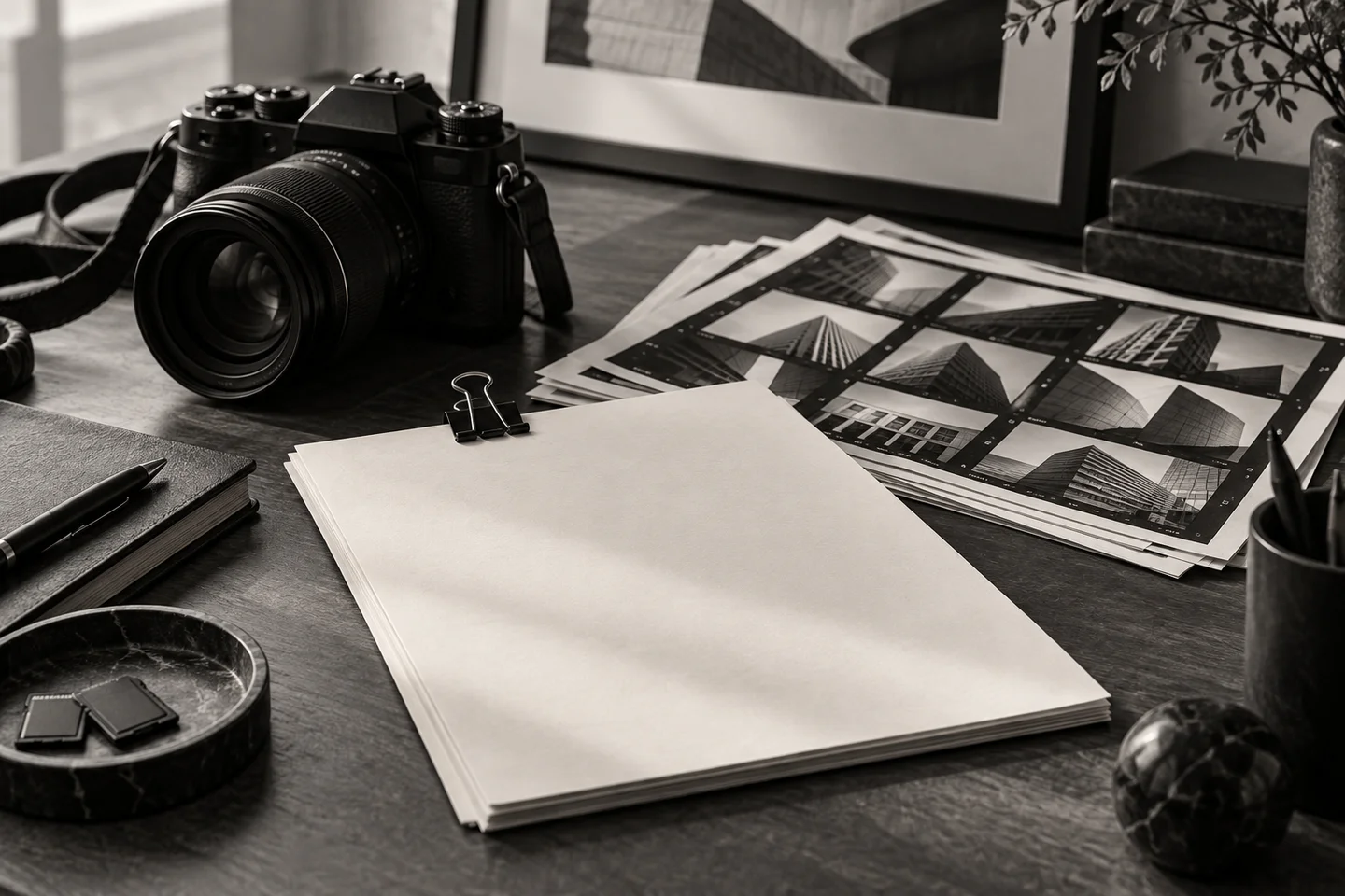 Conceptual still life of a camera, contact sheets, and contract papers
