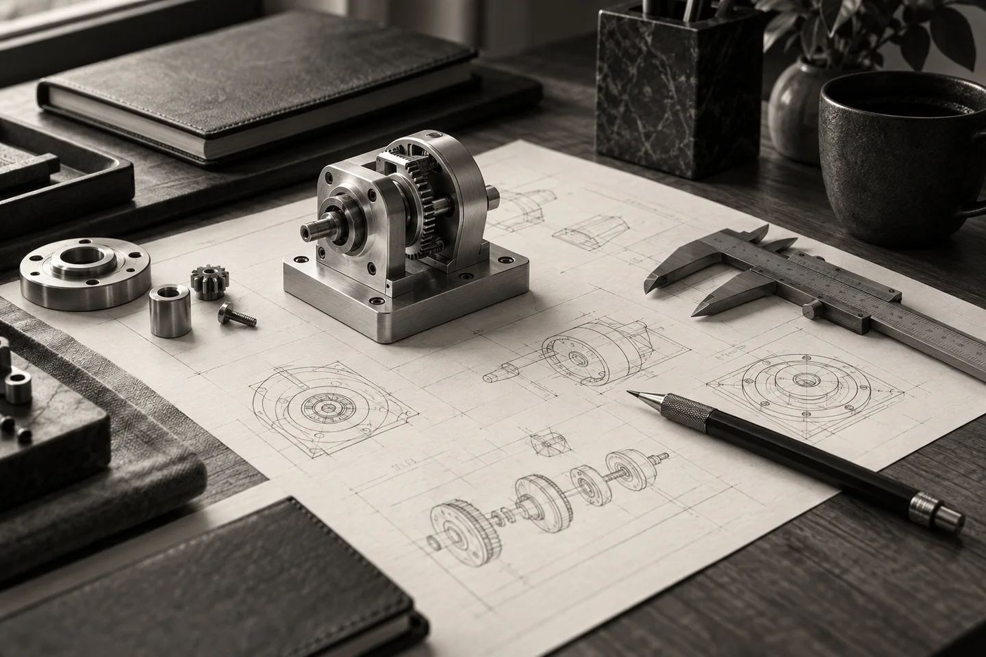 Conceptual still life of a mechanical prototype, technical sketches, and a caliper