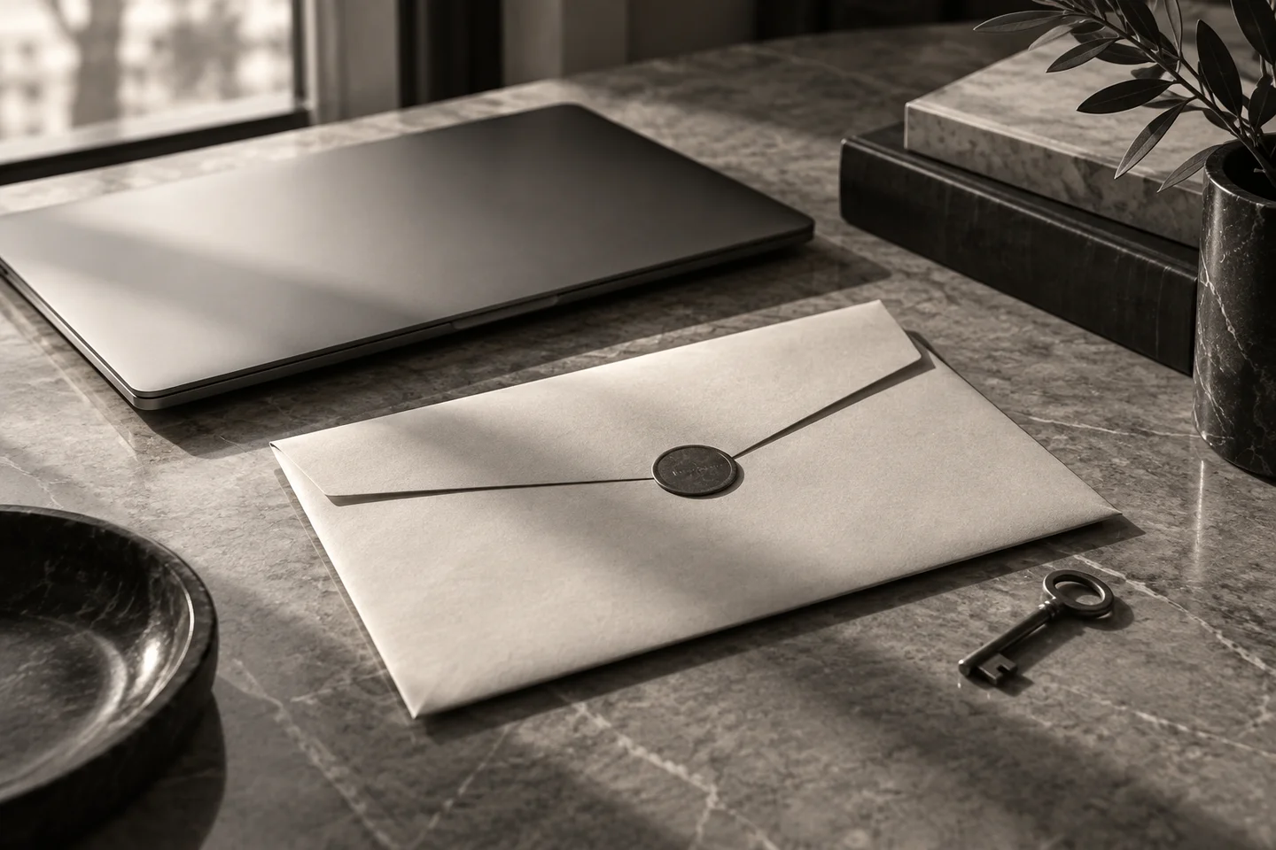 Conceptual still life of a closed laptop, a sealed envelope, and an access key